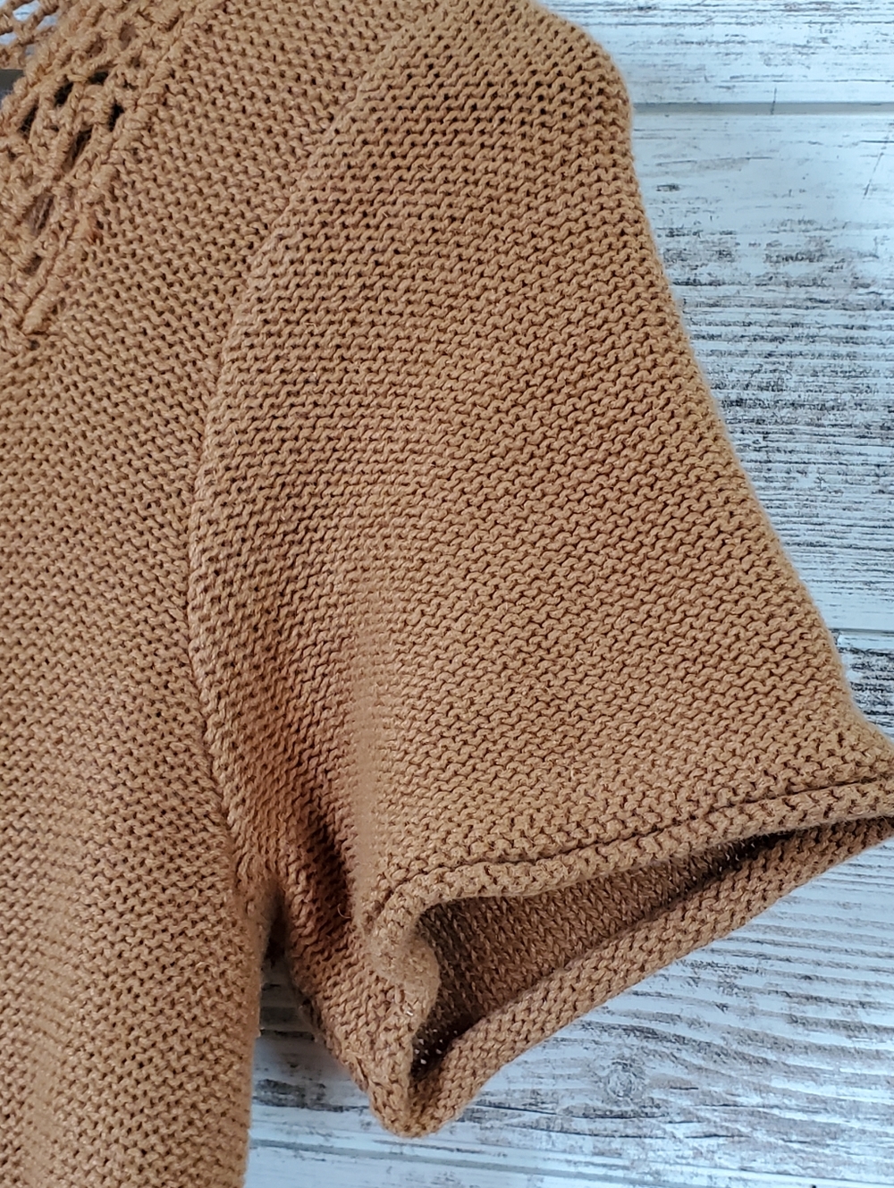 Guide Series Toffee Brown Knit Short Sleeve Top Crochet Neck - Picture 4 of 11